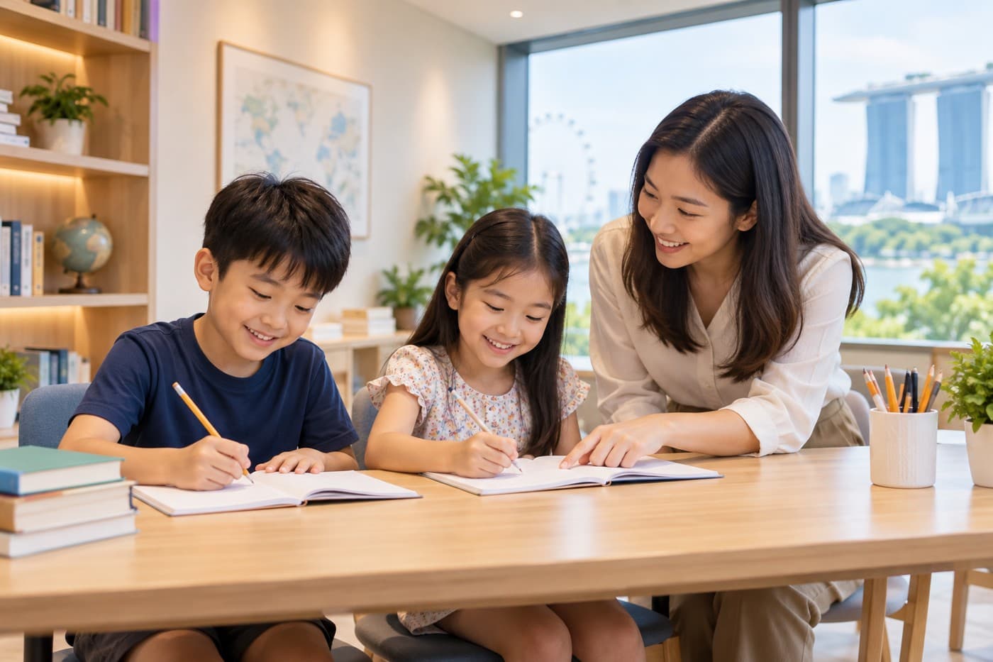 Children completing schoolwork with guidance from an educator