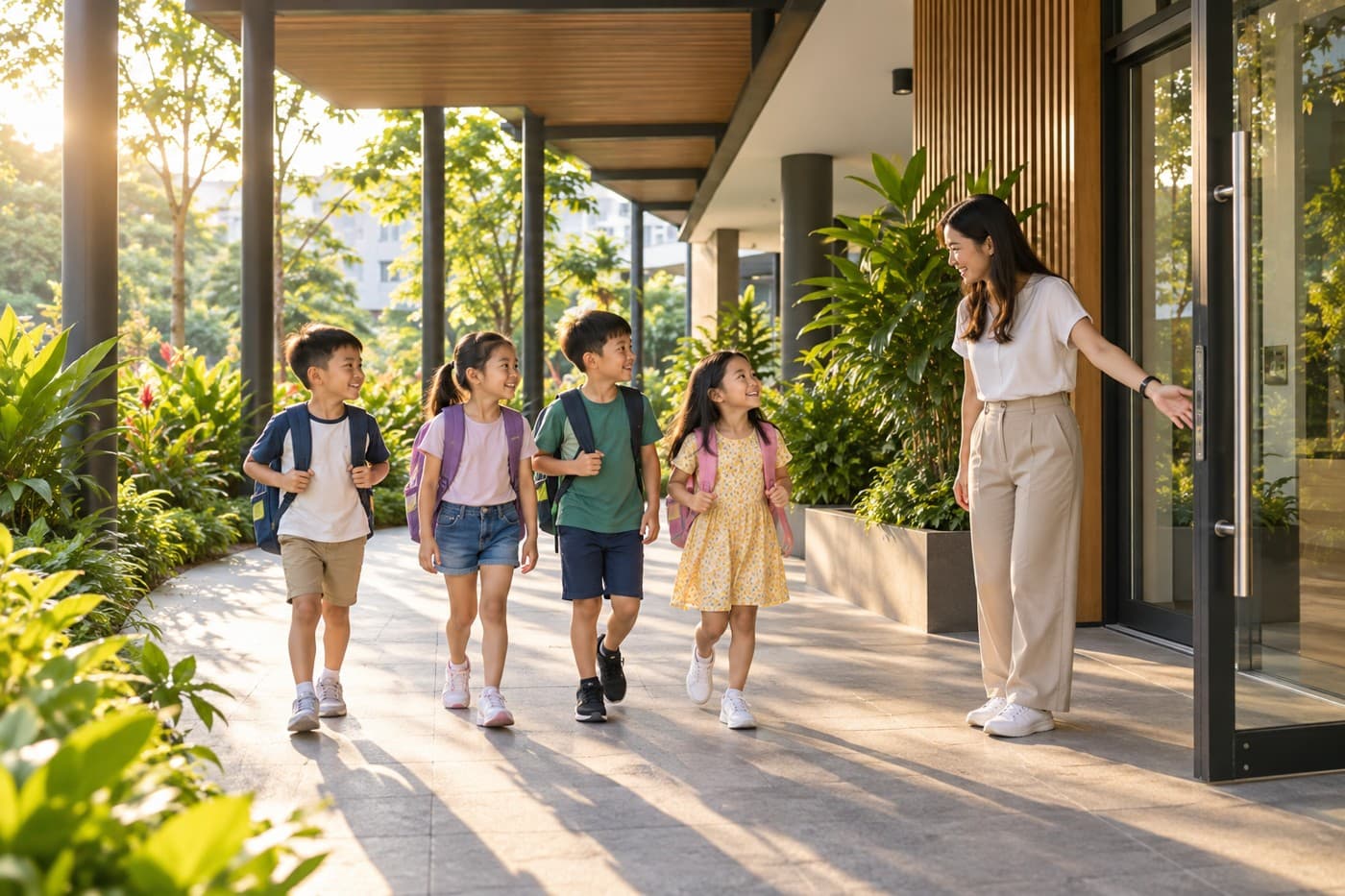 Children arriving together for an after-school programme