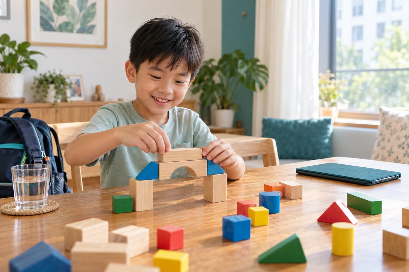 A primary-school child building with wooden blocks while a closed tablet is put aside