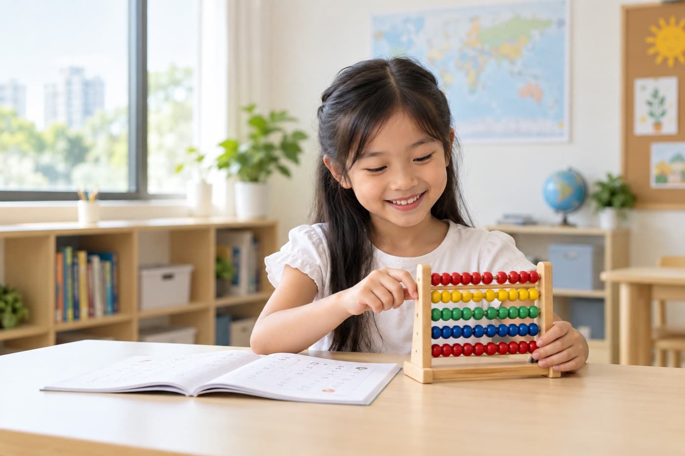 A child taking part in an abacus activity